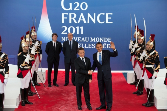 President Barack Obama is greeted by French President Nicholas Sarkozy for the start of the G20 Summit in Cannes, France, Nov. 3, 2011. (Official White House Photo by Lawrence Jackson)