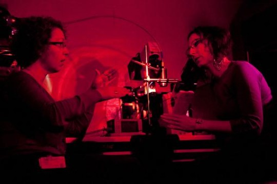 The eyes have it (so does the skin) Elena Oancea, left, and Nadine Wicks discovered that skin cells contain rhodopsin, a photosensitive receptor used by the eye to detect light. It's part of human skin’s self-defense against damage to DNA.	 Credit: Mike Cohea/Brown University
