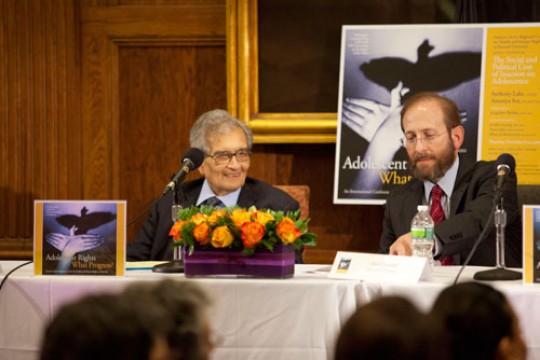 Harvard’s Lamont University Professor Amartya Sen (left) and Harvard Provost Alan Garber were speakers at a two-day conference that examined the troubles facing the world’s adolescents.