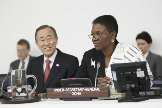 Secretary-General Ban Ki-moon (left) and Emergency Relief Coordinator Valerie Amos at the annual high-level conference on the Central Emergency Response Fund