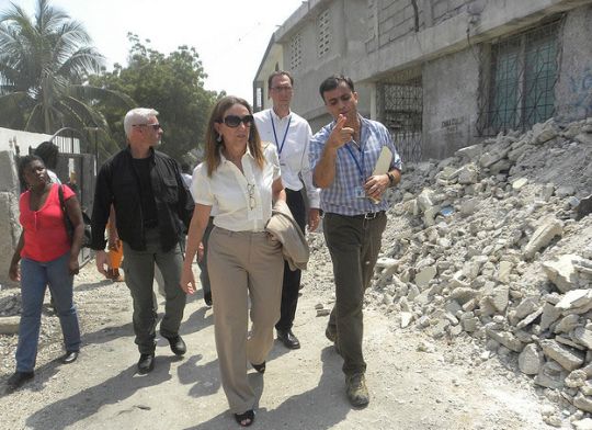 UNDP Associate Administrator Rebecca Grynspan (foreground) visits a cash-for-work project in Port-au-Prince, Haiti