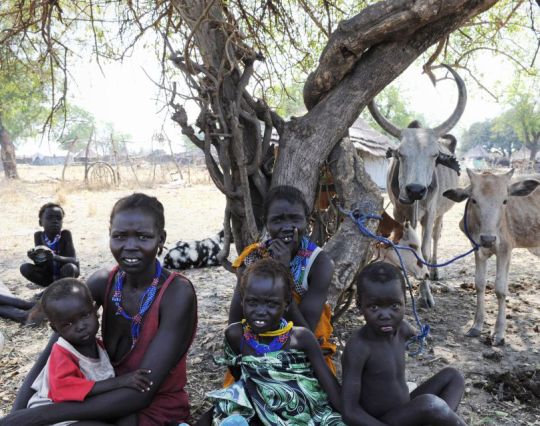 Mothers and their children near Pibor, in Jonglei state, South Sudan, who have been displaced by ethnic tensions in the area