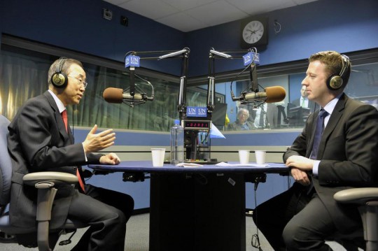 Secretary-General Ban Ki-moon (left) sits for an interview with the UN News Centre and UN Radio