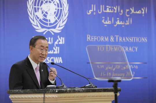 Secretary-General Ban Ki-moon addresses high-level meeting on Reform and Transitions to Democracy in Beirut. UN Photo/Evan Schneider