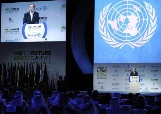 Secretary-General Ban Ki-moon speaks at the opening ceremony of the World Future Energy Summit 2012 in Abu Dhabi, United Arab Emirates. UN Photo/Evan Schneider