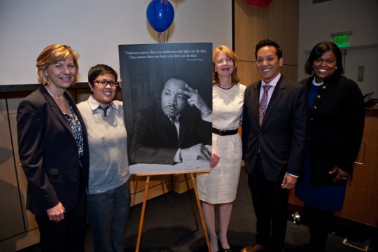 At the Martin Luther King, Jr. Award ceremony on Jan. 26, are, from left, UCSF Chancellor Susan Desmond-Hellmann, Angela Echiverri, Susan Kools, Damon Lew and Vice Chancellor Renee Navarro. Photo by Susan Merrell