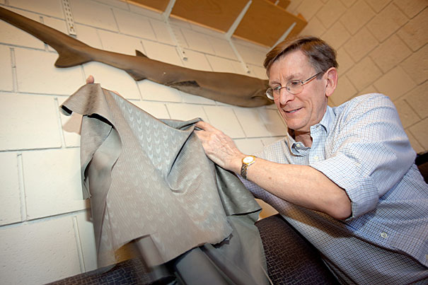 Kris Snibbe/Harvard Staff Photographer/Professor George Lauder has found that the rough surface of shark skin helps reduce drag and increase thrust as the animal swims. Interestingly, the research also tested the high-tech swimsuits and found that their surface (supposedly designed to mimic shark skin) has no effect on swimming speed. "I’m convinced they work, but it’s not because of the surface,” he said of the swimsuits.