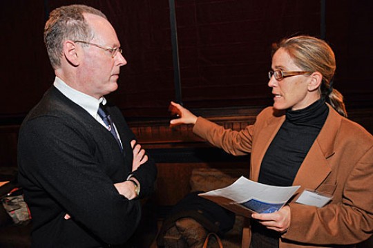 Paul Farmer (left) speaks with Caroline Elkins prior to the opening remarks during the “Sound the Horn: Famine in the Horn of Africa” event.