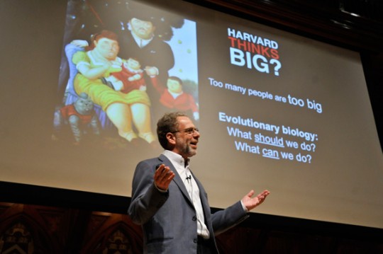 “The message of Michelle Obama’s ‘Let’s Move’ program is drowned out by the $2 billion spent to market unhealthy food to children,” said Evolutionary Biology Professor Daniel Lieberman during "Harvard Thinks Big" event at Sanders Theatre.