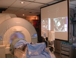 This MRI system allows NIH scientists to test the feasibility of using rapid, radiation-free imaging to guide cardiac catheterization procedures. Image by Ratnayaka et al., Courtesy of European Heart Journal.